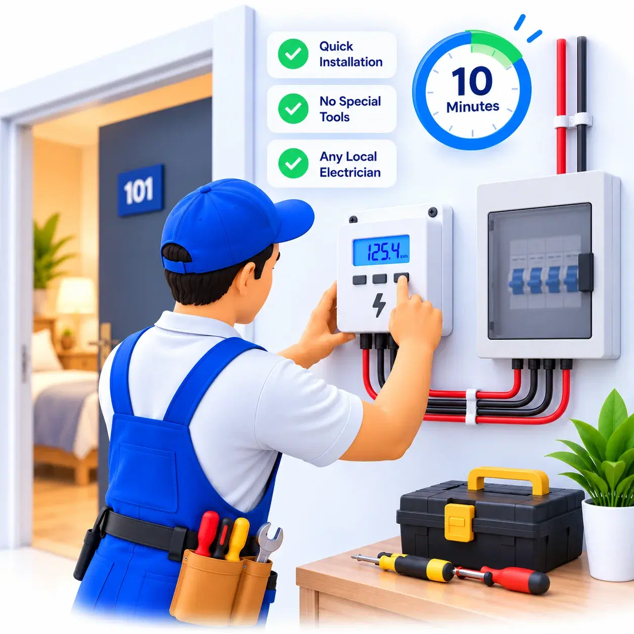 Local electrician fitting a Qube meter in minutes with a standard toolbox