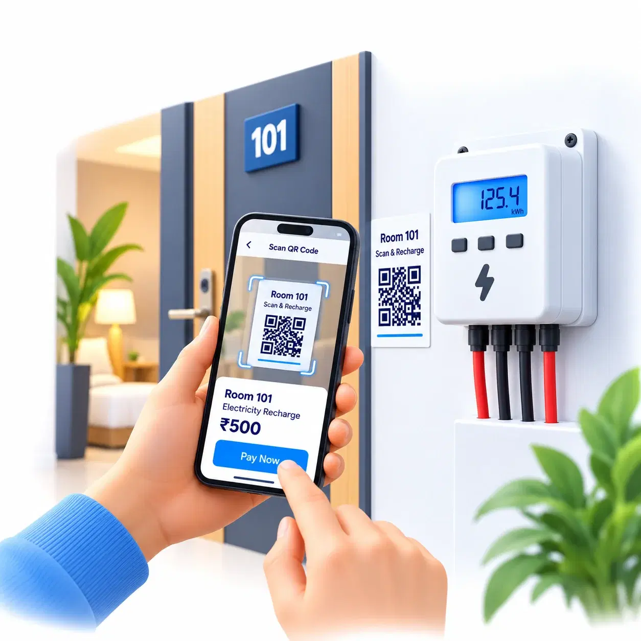 Hands scanning a Qube QR code, with the meter and a successful recharge beside the phone