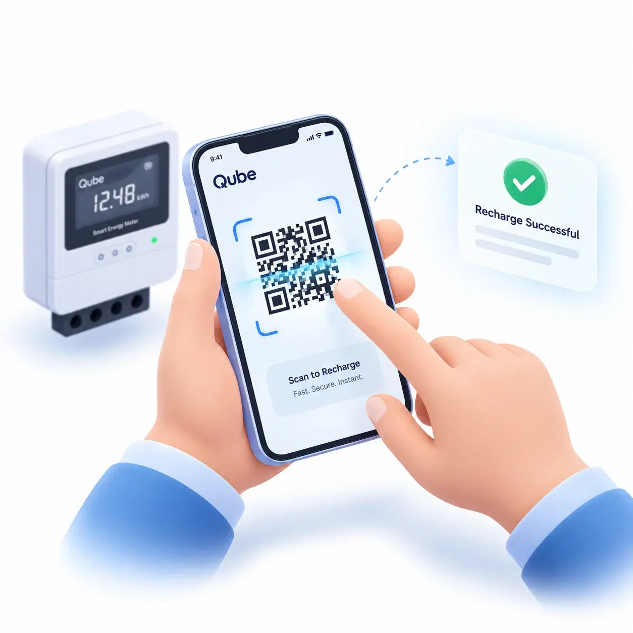 Hands scanning a Qube QR code, with the meter and a successful recharge beside the phone