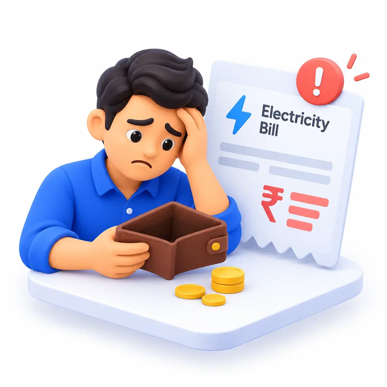 Landlord at a desk with unpaid rent and electricity bills, a calendar reminder, and an empty wallet