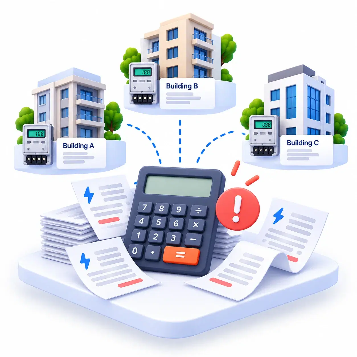 Landlord surrounded by billing, tenant, and reconciliation paperwork for several properties